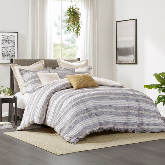 Oasis - Oversized Chenille Jacquard Striped Comforter Set With Euro Shams and Throw Pillows - Gray - Simple Home Plus