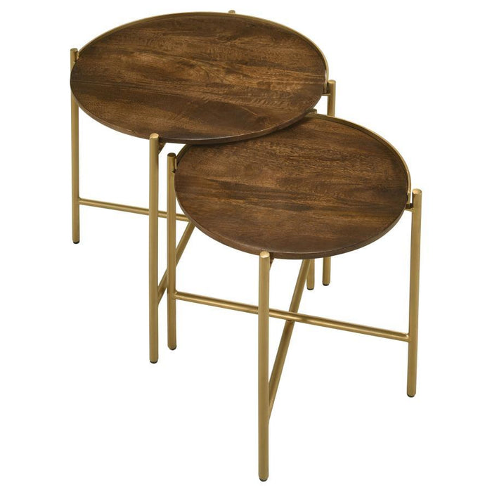 Malka - 2 Piece Round Wood Nesting Table - Dark Brown And Gold - Simple Home Plus