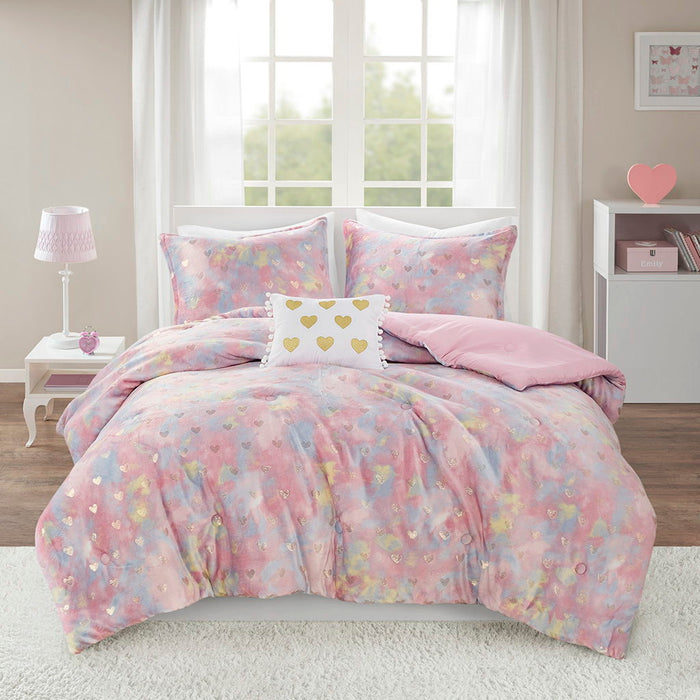 Rosalie - 3 Piece Twin/Twin Long Metallic Printed Plush Comforter Set With Throw Pillow - Pink Multi/Gold - Simple Home Plus