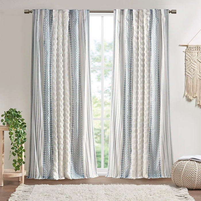 Imani - Cotton Printed Curtain Panel With Chenille Stripe and Lining - White/Navy - Simple Home Plus