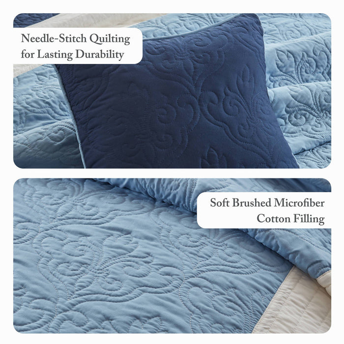 Attingham - King/California King 7 Piece Quilt Set With Euro Shams And Throw Pillows - Navy - Simple Home Plus