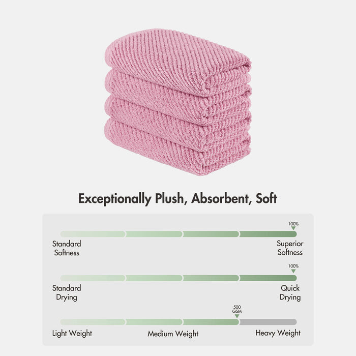 Diagonal Ribbed - 4 Piece Hand Towels Set - Pink - Simple Home Plus
