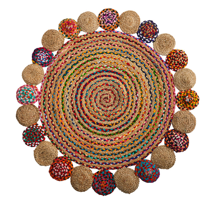 4' x 4' Hand Braided Colorful Chindi Jute Mandala Round Rug
