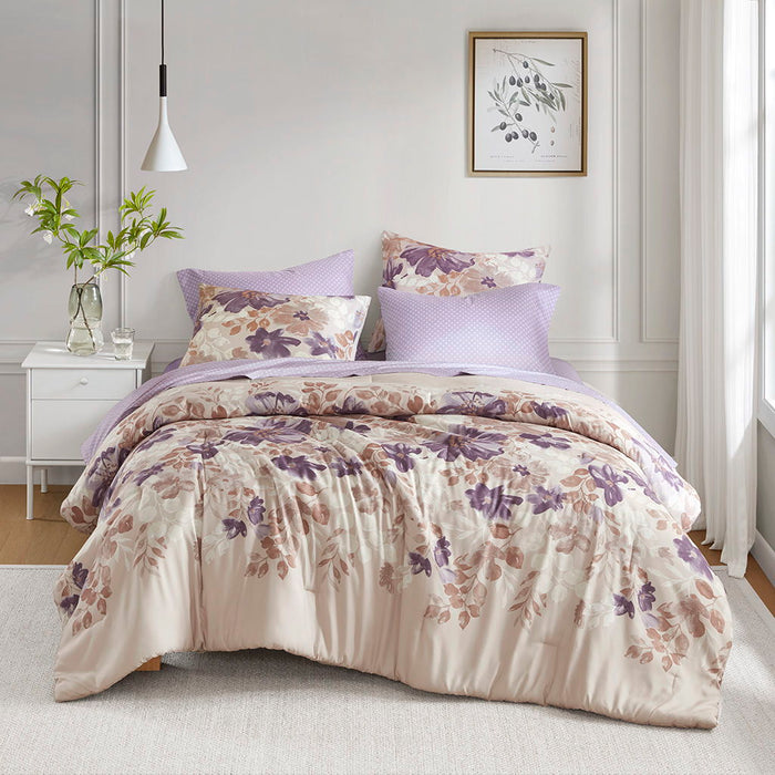 Luna - 5 Piece Twin Floral Comforter Set With Bed Sheets - Taupe - Simple Home Plus