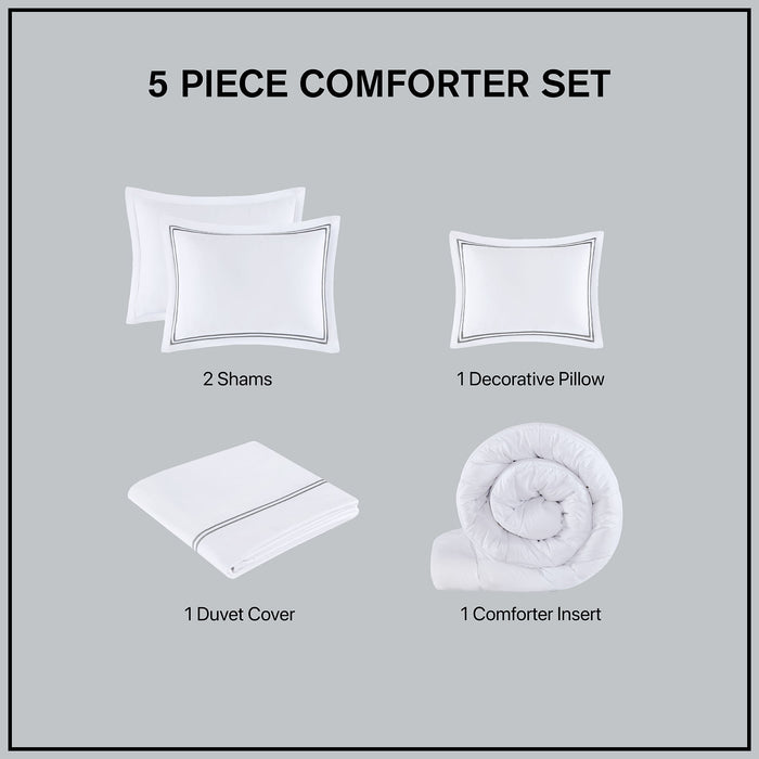 500 Thread Count Luxury - King Sateen Embroidered Comforter Set - White / Gray - Simple Home Plus