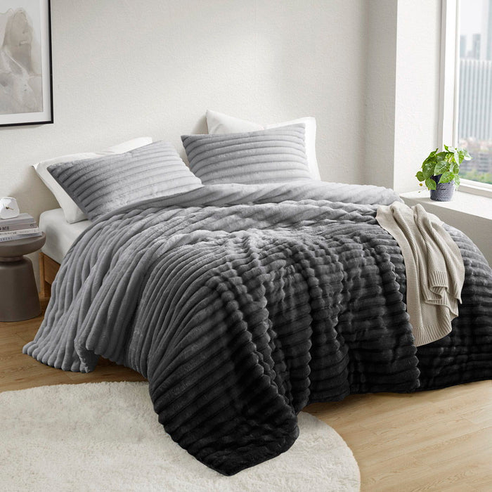 Avril - King/California King Fluffy Ribbed Plush Comforter Set - Gray Ombre - Simple Home Plus