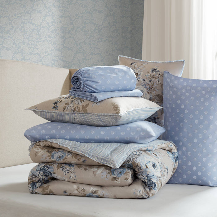 Heather - California King 7 Piece Vintage-Inspired Floral Print - Beige / Blue - Simple Home Plus