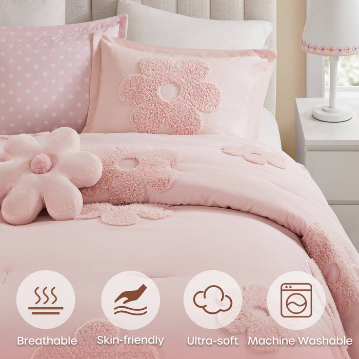 Gracie - Full/Queen Floral Reversible Comforter Set With Flower Throw Pillow - Pink - Simple Home Plus