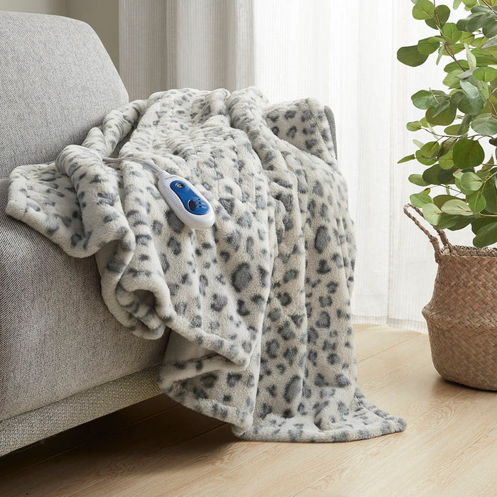 Zuri - Oversized Faux Fur Heated Throw - Gray Leopard - Simple Home Plus