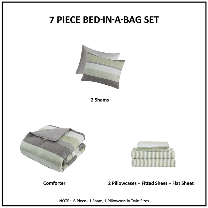 Jaxon - 7 Piece King Stripe Comforter Set With Bed Sheets - Green / Gray - Simple Home Plus