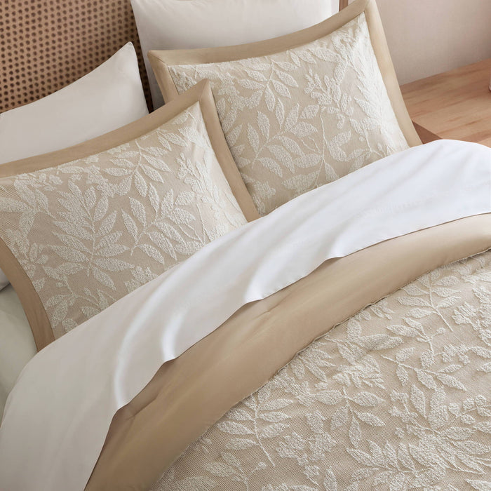 Solace Leaf - Queen 3-Piece Cotton Blend Botanical Jacquard Comforter Set - Beige