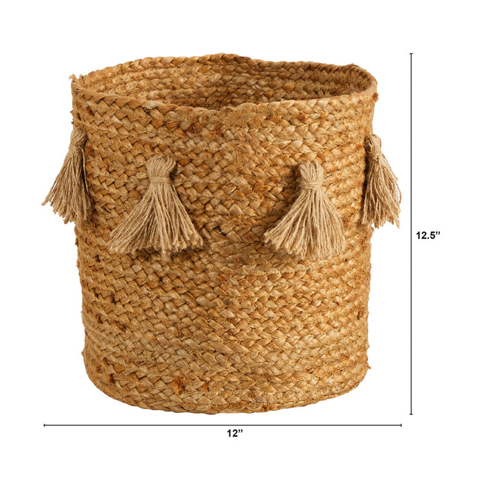 12.5" Boho Chic Natural Hand-Woven Jute Basket with Tassels