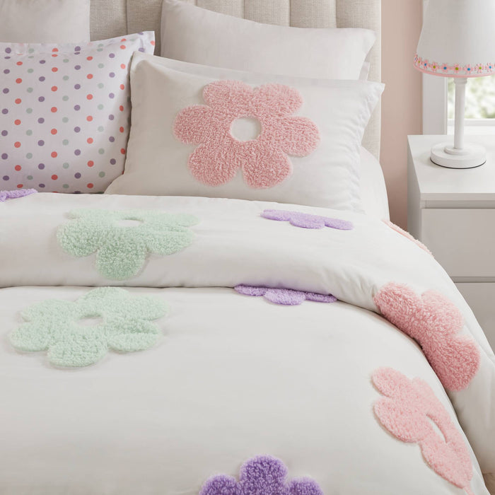 Gracie - Floral Reversible Tufted Chenille Duvet Cover Set - White / Purple - Simple Home Plus