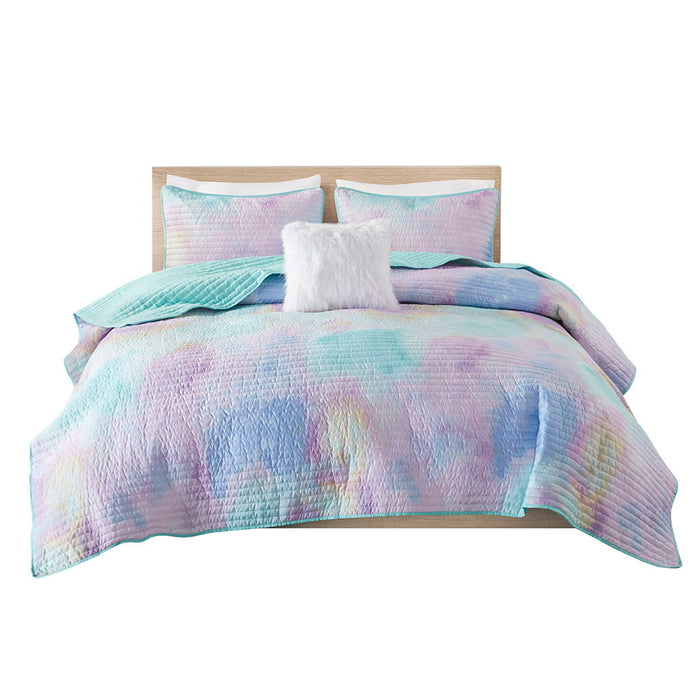Cassiopeia - Watercolor Tie Dye Printed Quilt Set With Throw Pillow - Aqua