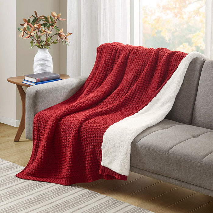 Rowan - Waffle Knit Chenille Throw - Red - Simple Home Plus