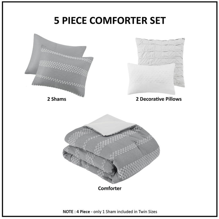 Drew - 5 Piece King Clipped Jacquard Comforter Set With Throw Pillows - Gray - Simple Home Plus