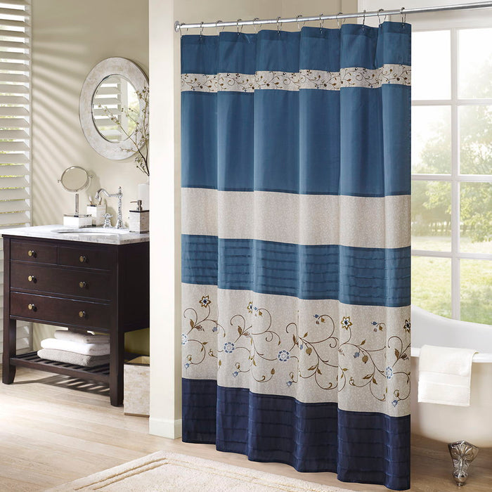 Serene - Embroidered Floral Shower Curtain - Navy - Simple Home Plus