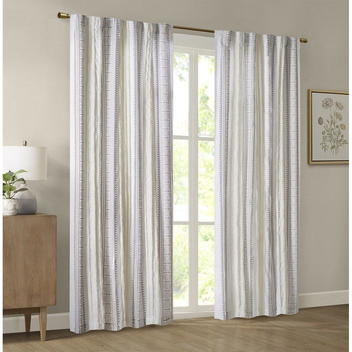 Samara - 50x95" Poly Printed Curtain Panel With Tufted Stripe And Lining - White/Brown - Simple Home Plus