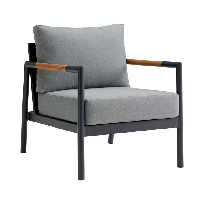 Crown - 4 Piece Black Aluminum And Teak Outdoor Seating Set With Dark Gray Cushions - Simple Home Plus
