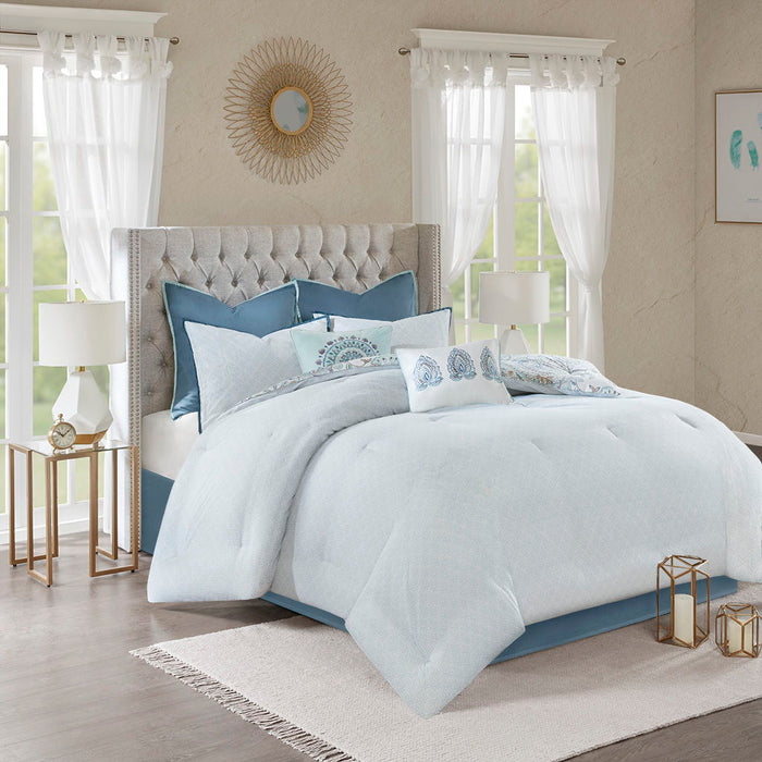 Isla - King 8 Piece Printed Reversible Comforter Set - Blue - Simple Home Plus