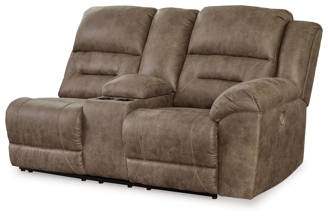 Ravenel - Raf Dbl Reclining Power Loveseat With Console - Faux Leather - Fossil - Simple Home Plus