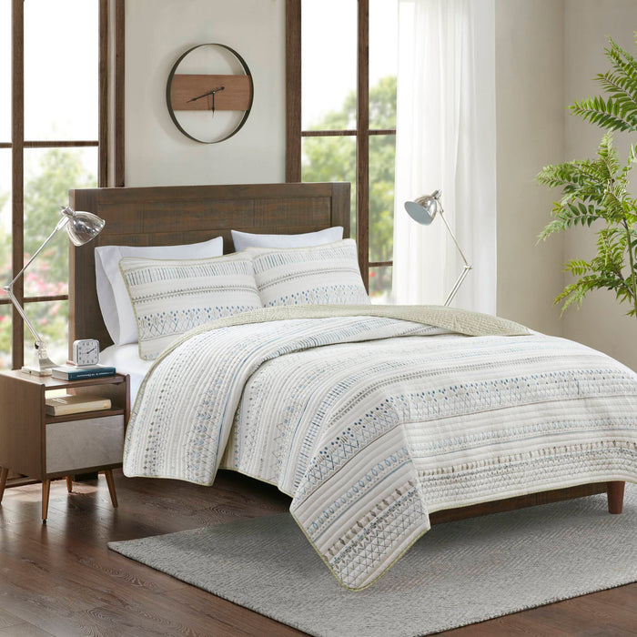 Fraser - 3 Piece Printed Microfiber Seersucker Quilt Set - Taupe/Blue - Simple Home Plus