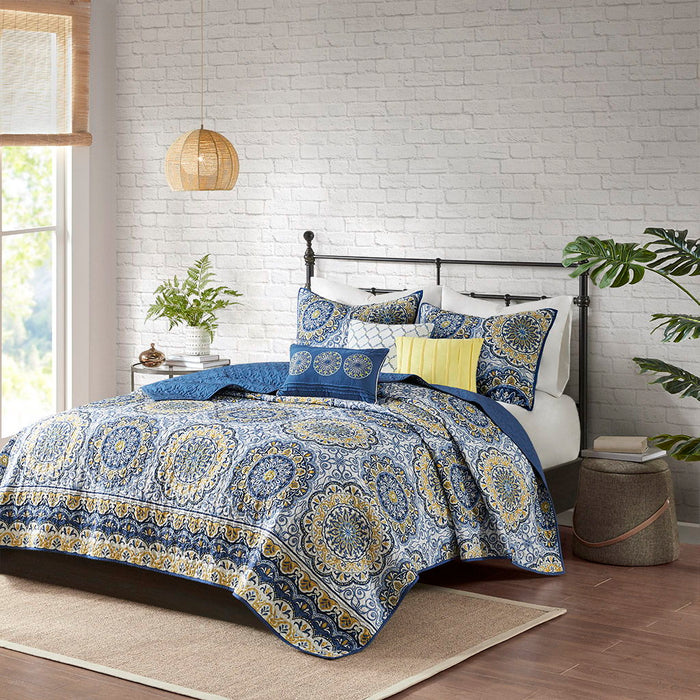 Tangiers - King 6 Piece Reversible Coverlet Set - Blue - Simple Home Plus