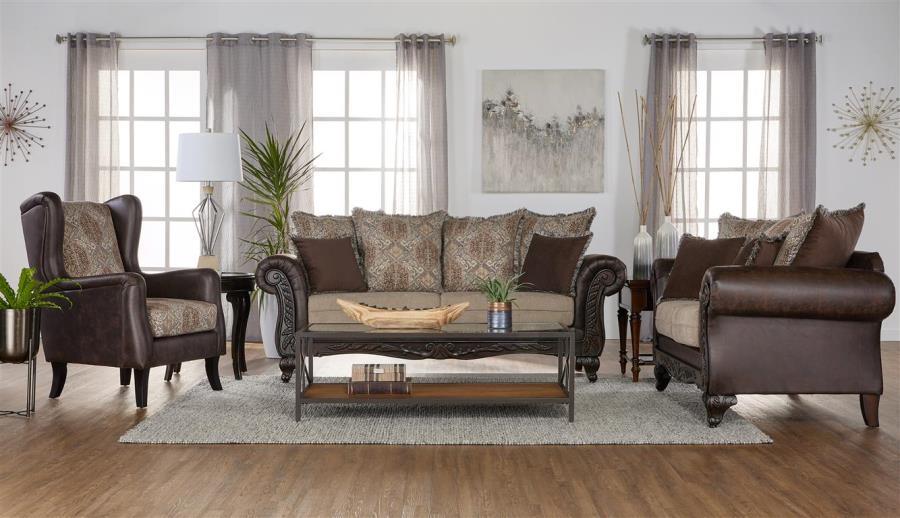 Elmbrook - Upholstered Rolled Arm Sofa Set With Intricate Wood - Simple Home Plus