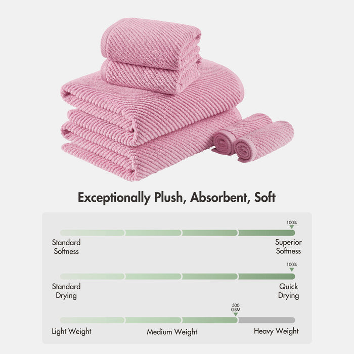Diagonal Ribbed - 6 Piece Towels Set - Pink - Simple Home Plus