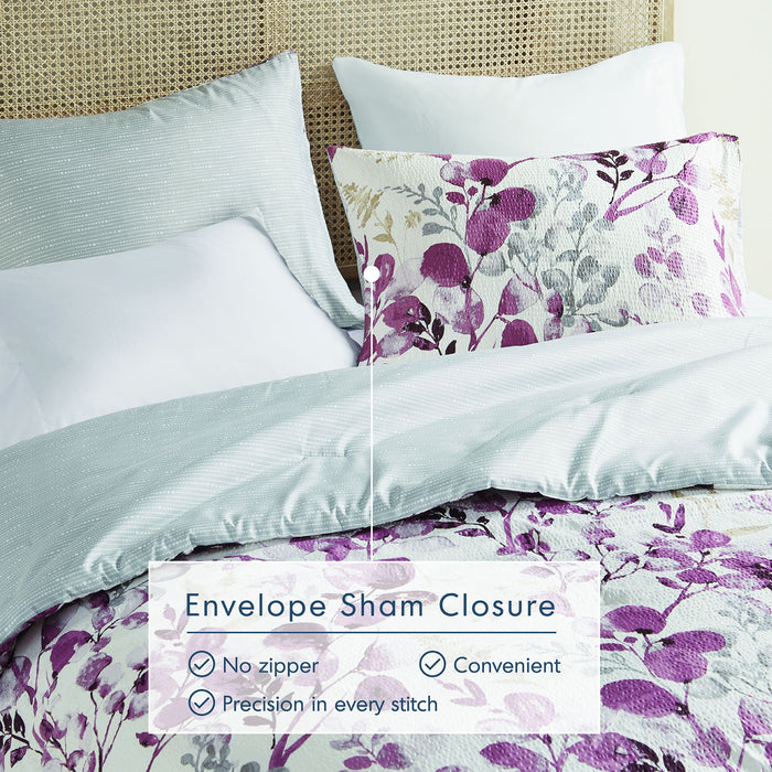 Gabby - Twin/Twin Long Reversible Floral Botanical Seersucker Comforter Set - Plum/Gray - Simple Home Plus