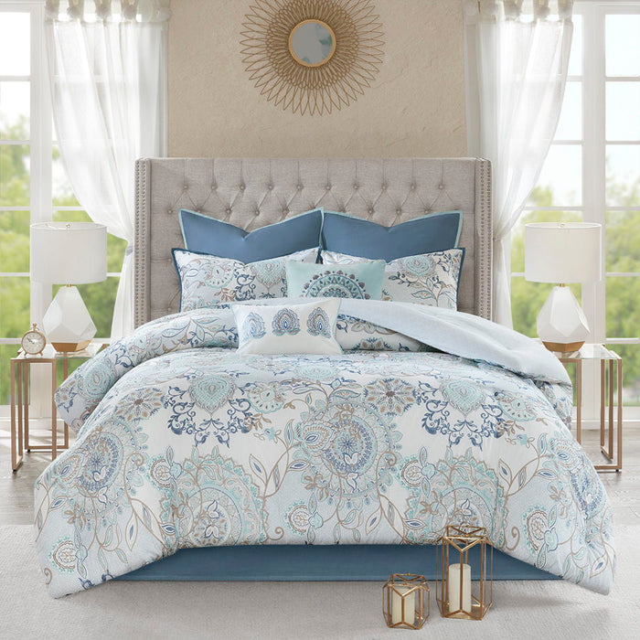 Isla - King 8 Piece Printed Reversible Comforter Set - Blue - Simple Home Plus