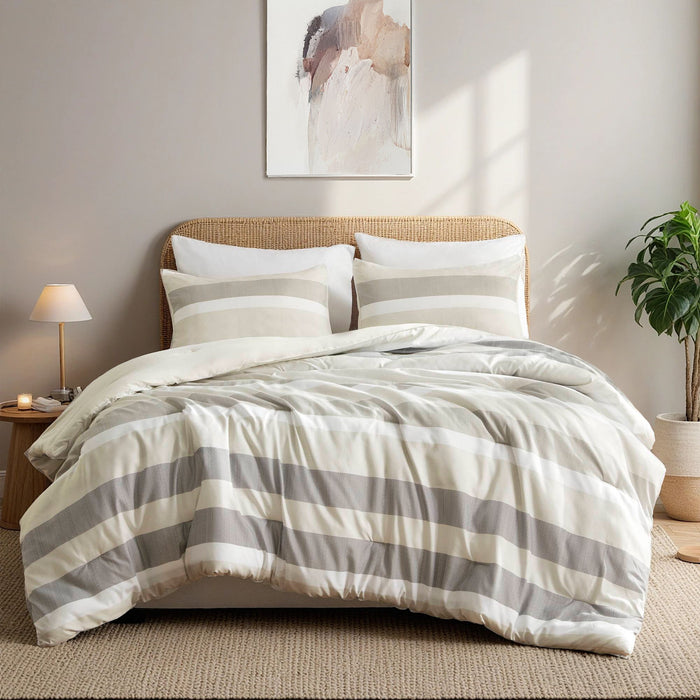 Blais - King Stripe Textured Print Comforter Set - Neutral - Simple Home Plus
