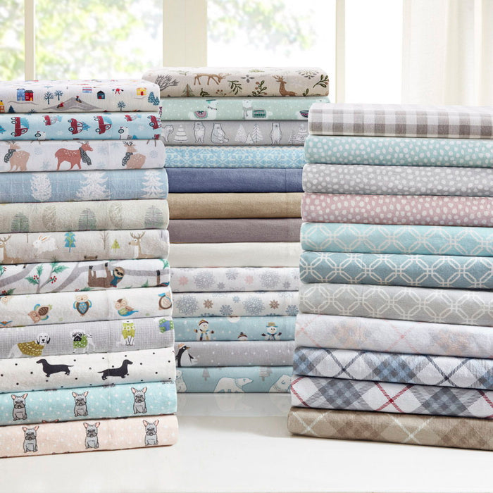 Cozy Flannel - 4 Piece Queen Printed Sheet Set - White Village Print - Simple Home Plus