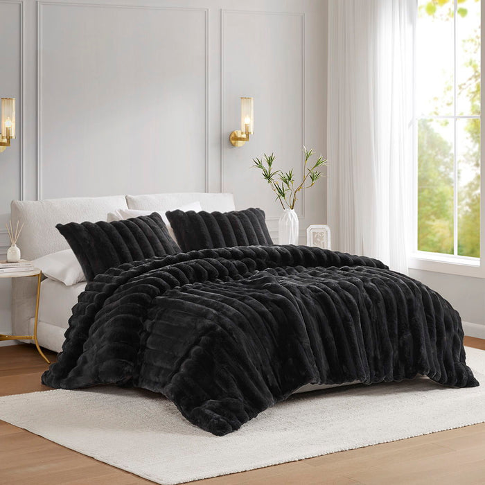 Jasmine - 3 Piece Full/Queen Ultrasoft Ribbed Comforter Set - Black - Simple Home Plus