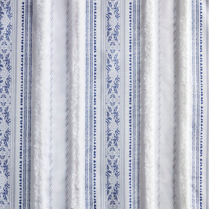 Veronica - 50x95" Poly Printed Curtain Panel With Tufted Stripe And Lining - White / Navy - Simple Home Plus