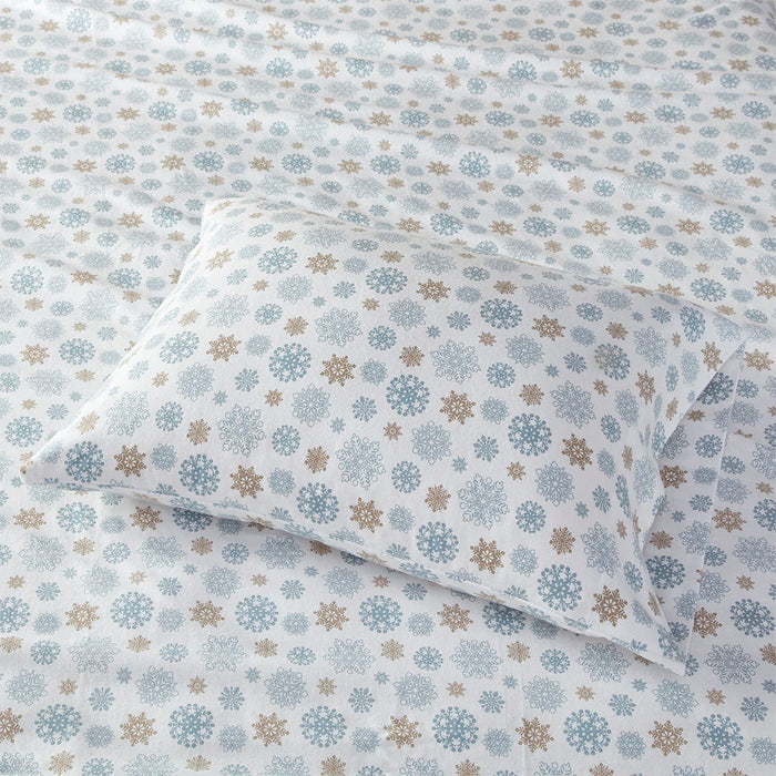 Cozy Flannel - Queen Sheet Set - Tan / Blue Snowflakes - Simple Home Plus