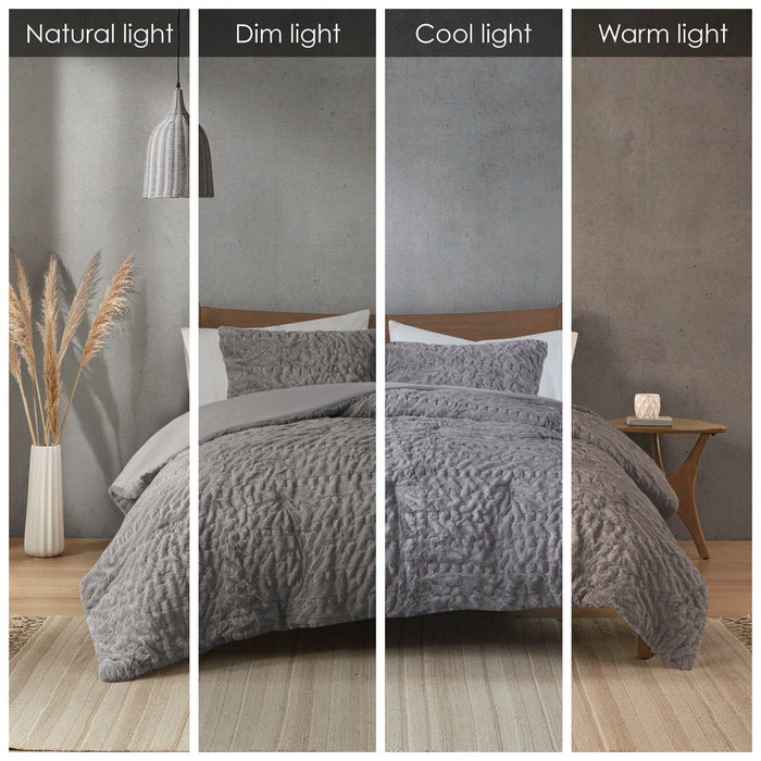 Blair - Ruched Fur Down Alternative Comforter Set - Gray - Simple Home Plus