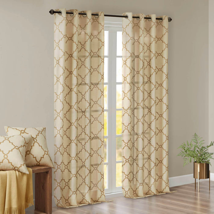 Saratoga - Fretwork Print Grommet Top Window Curtain - Beige / Gold - Simple Home Plus