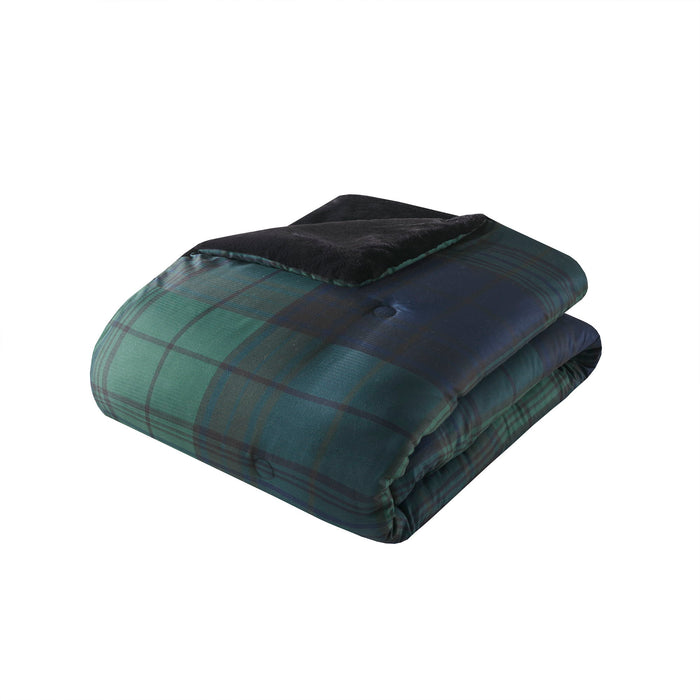 Bernston - Faux Wool to Faux Fur Down Alternative Comforter Set - Green Plaid - Simple Home Plus