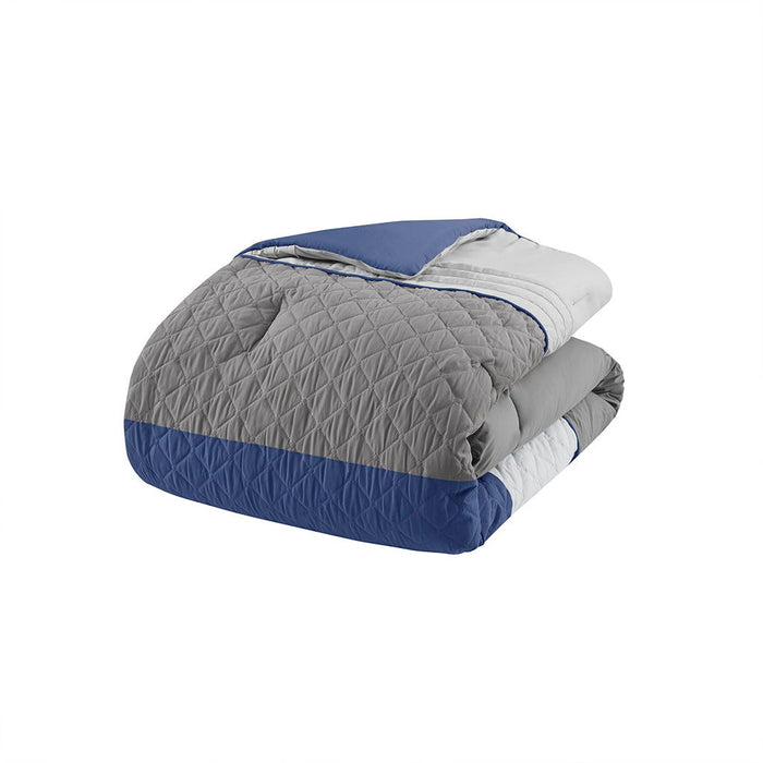 Greer - 7 Piece Color Block Stripe Comforter Set With Throw Pillows - Blue - Simple Home Plus