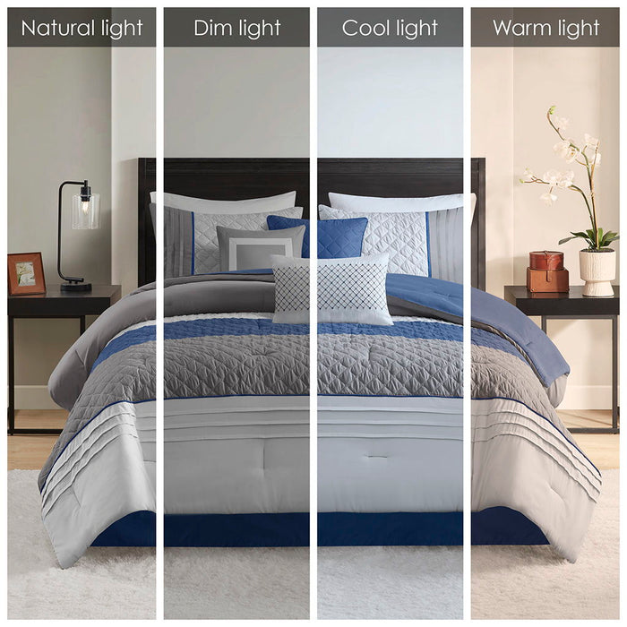 Greer - 7 Piece Color Block Stripe Comforter Set With Throw Pillows - Blue - Simple Home Plus