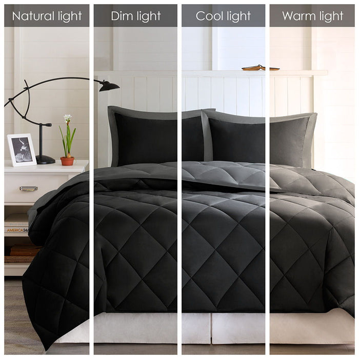 Larkspur - 3M Scotchgard Diamond Quilting Reversible Down Alternative Comforter Set - Black / Gray - Simple Home Plus