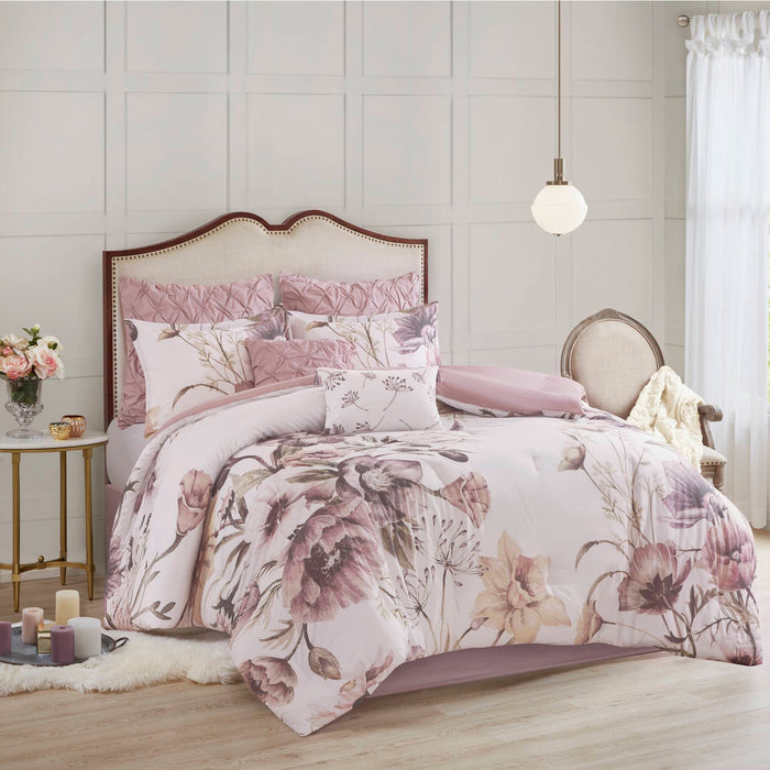 Cassandra - 8 Piece Printed Comforter Set - Blush - Simple Home Plus