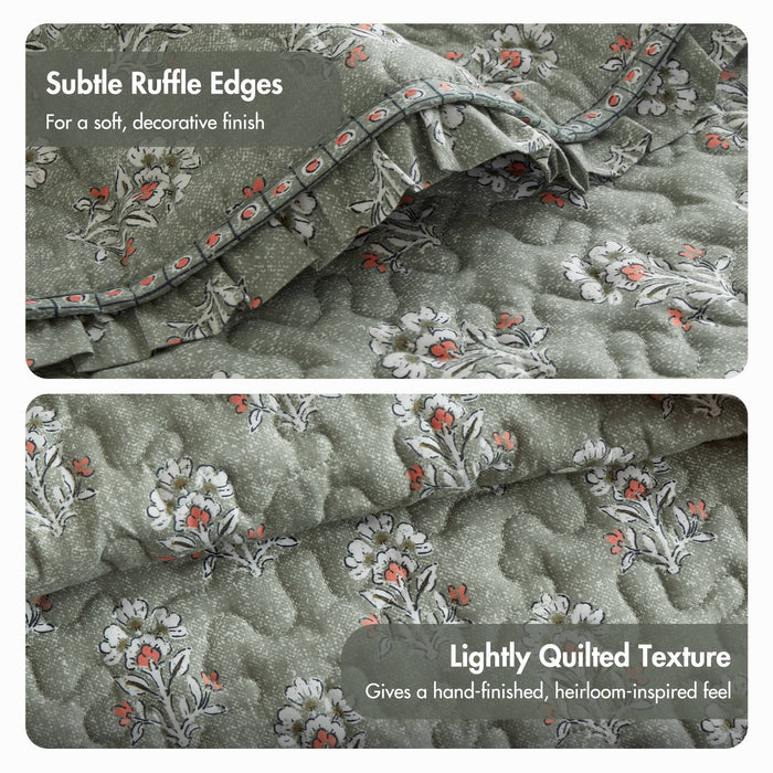Linwood - King/California King 3 Piece Ruffle Printed Quilt Set - Sage Green - Simple Home Plus