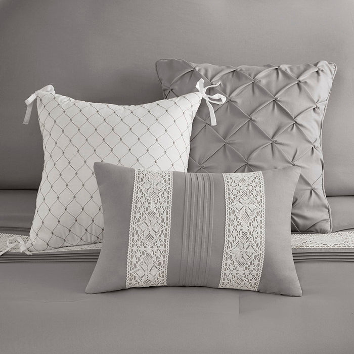Lacey - 7 Piece King Lace Trim Comforter Set With Throw Pillows - Gray - Simple Home Plus
