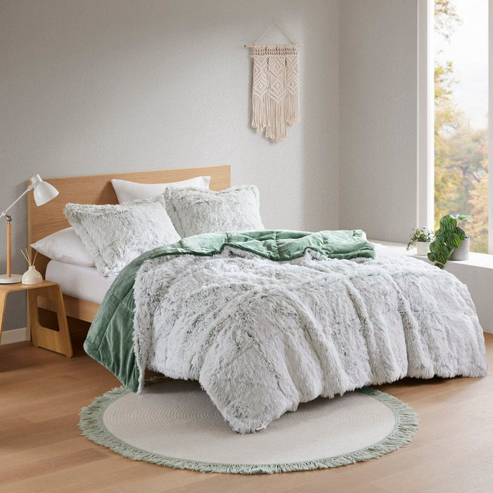 Malea - 3 Piece Full/Queen Shaggy Comforter Mini Set - Green/White - Simple Home Plus