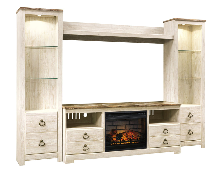 Willowton - Whitewash - Entertainment Center - TV Stand With Faux Firebrick Fireplace Insert - Simple Home Plus