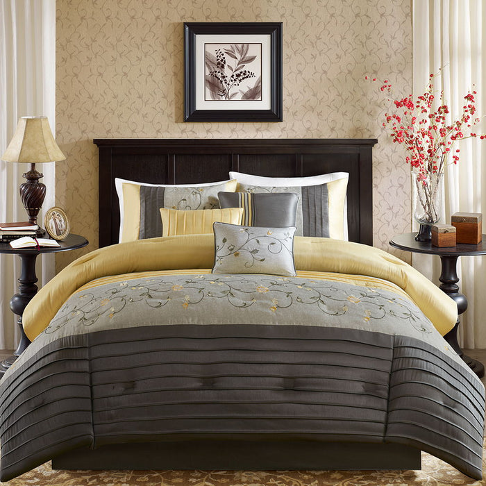 Serene - Queen Embroidered Piece Comforter (Set of 7) - Yellow - Simple Home Plus