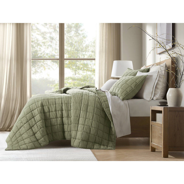 100% Linen - King/California King Linen Garment Washed Quilt Set - Olive Green - Simple Home Plus