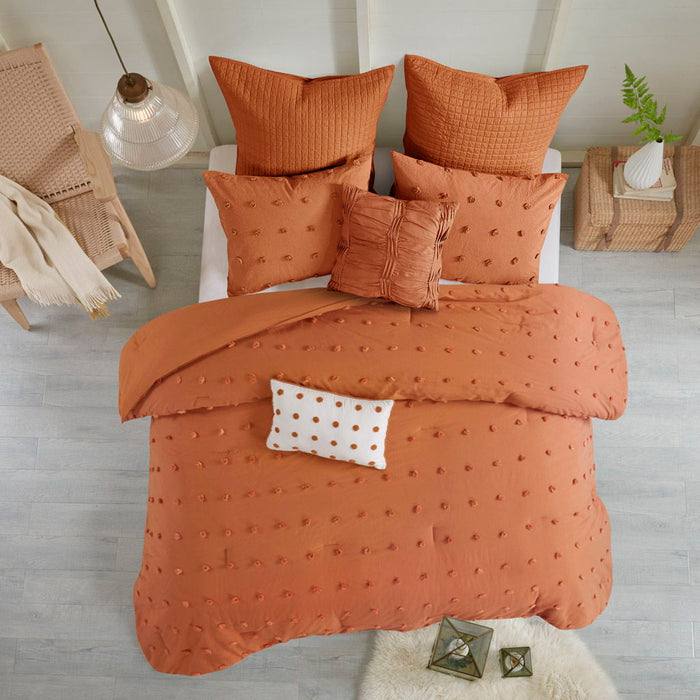 Brooklyn - Cotton Jacquard Comforter Set With Euro Shams and Throw Pillows - Rust - Simple Home Plus
